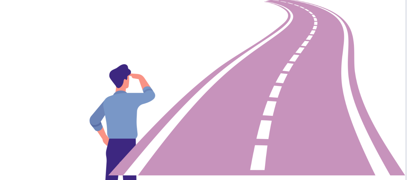 Illustrative drawing of a man standing at the start of a long, winding road—symbolizing the complex, evolving journey through the untamed world of generative AI.